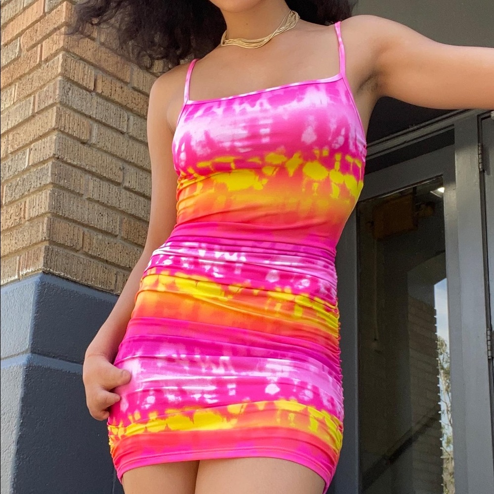 Hot pink orange yellow tie dye mini bodycon dress